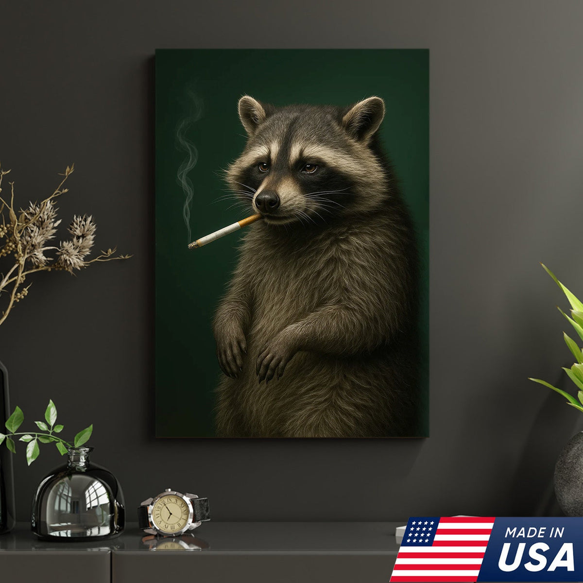 Raccoon Canvas Wall Art – Woodland Animal Print – Rustic Lodge and Cabin Wall Decor