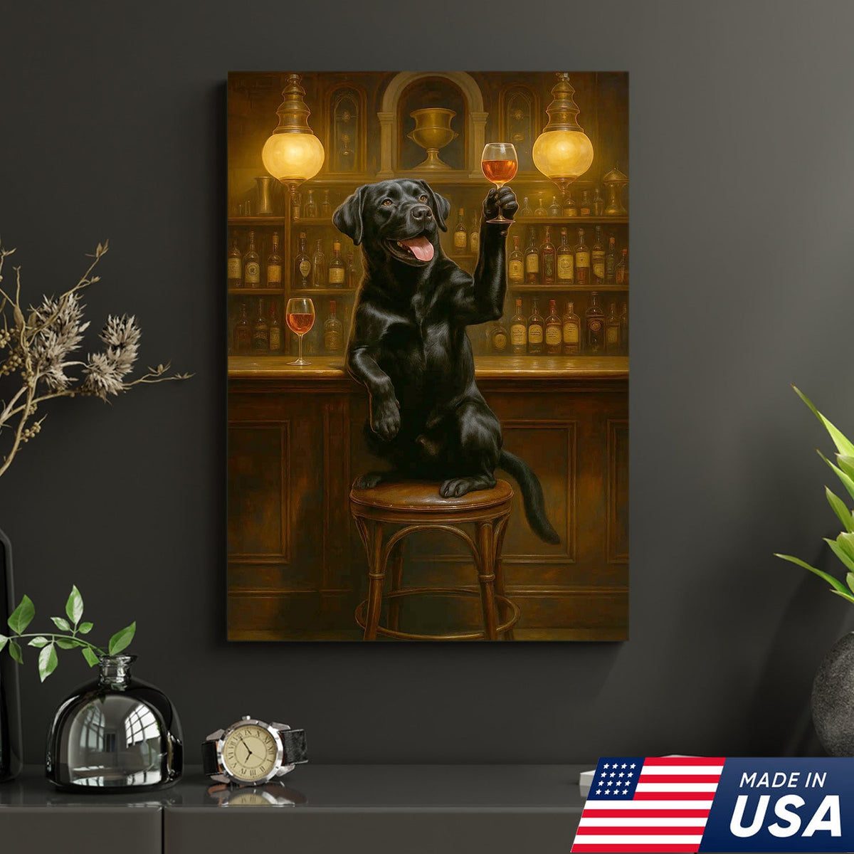 Bar Dog Canvas Art – Cheerful Black Labrador Raising a Fancy Drink