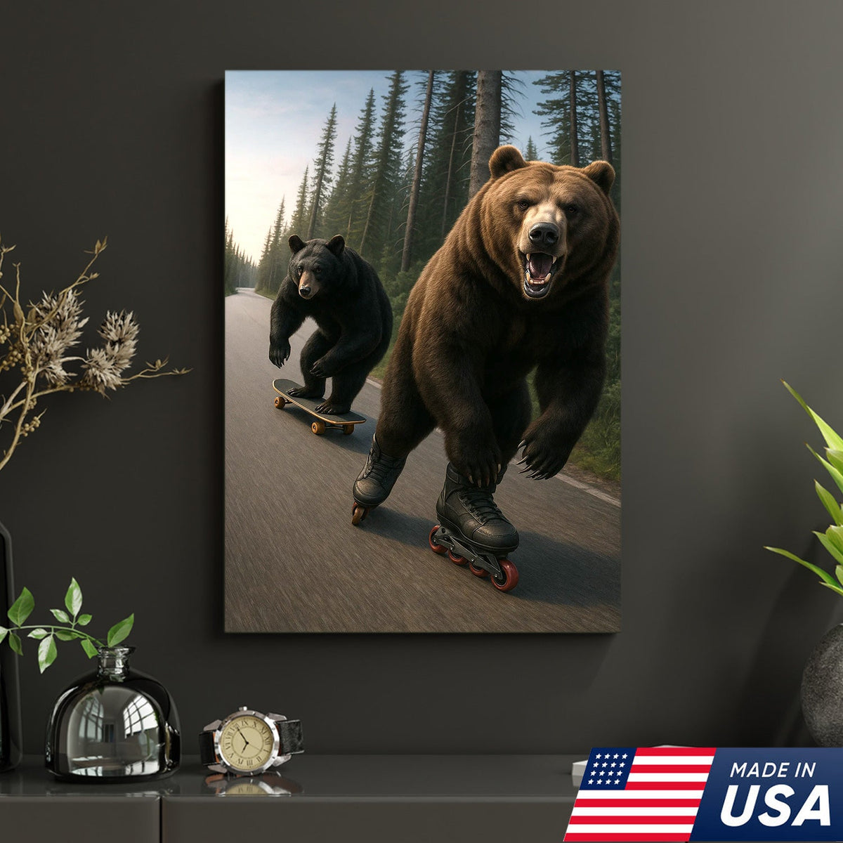 Skating Bears Canvas Art – Funny Bears on Skateboards & Rollerblades