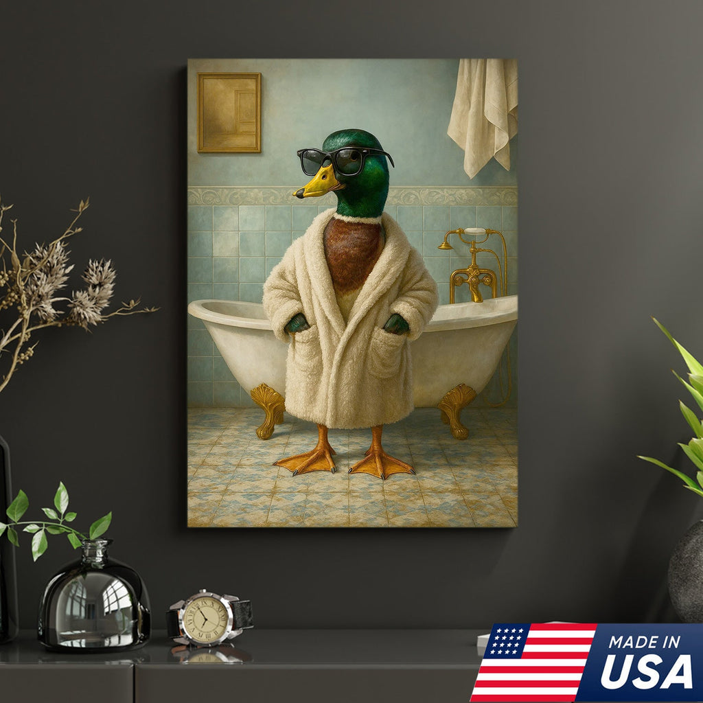 Bathrobe Duck Canvas Art – Cool Duck in Cozy Robe with Sunglasses