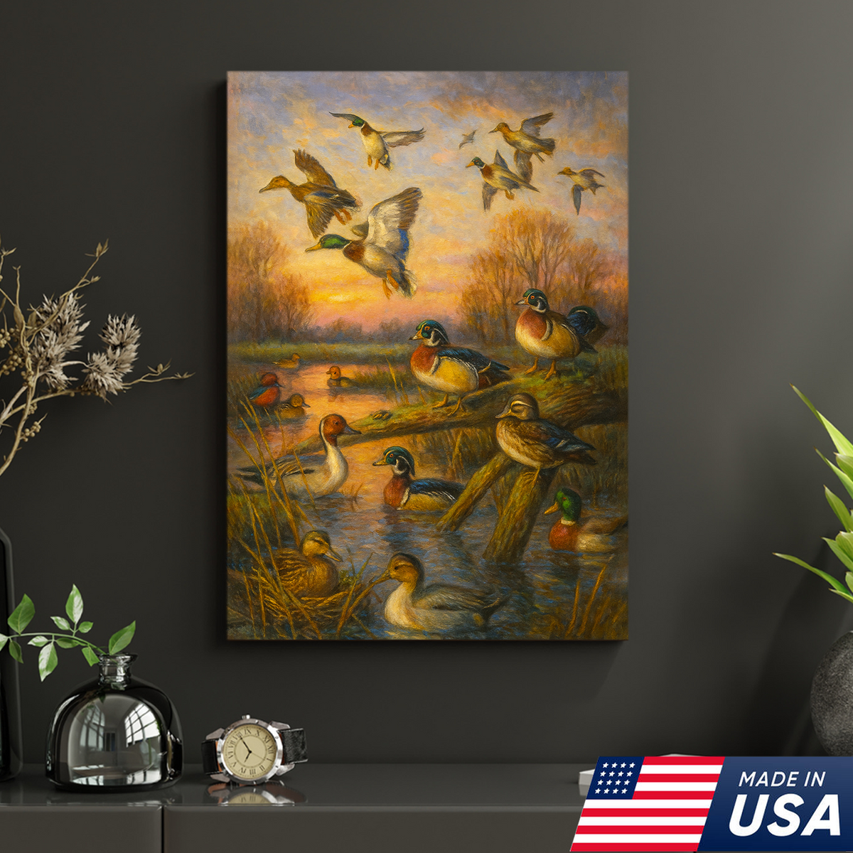Duck Hunting Canvas Wall Art – Oil Painting Style Waterfowl at Sunset Rustic Lodge Decor