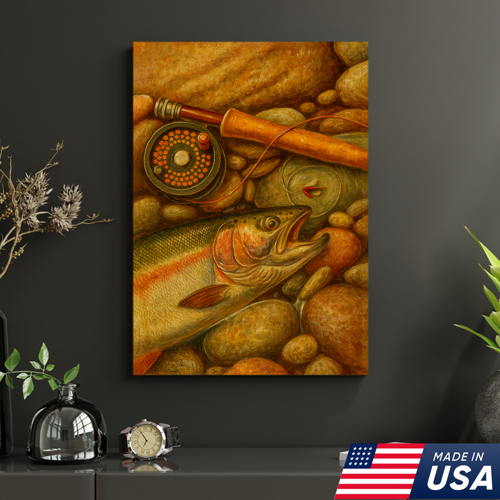 ly Fishing Canvas Wall Art – Retro Trout Painting with Rod & Reel Rustic Cabin Lodge Decor