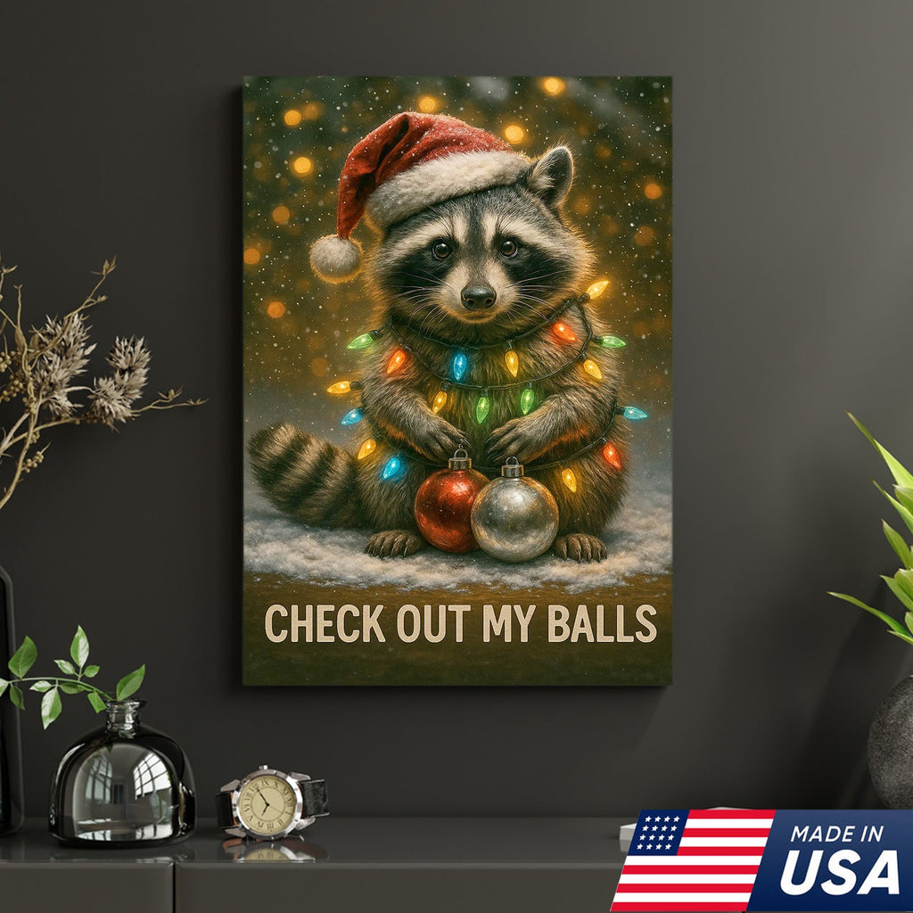 Funny Christmas Raccoon Canvas Art – Cute Holiday Raccoon with Lights & Ornaments