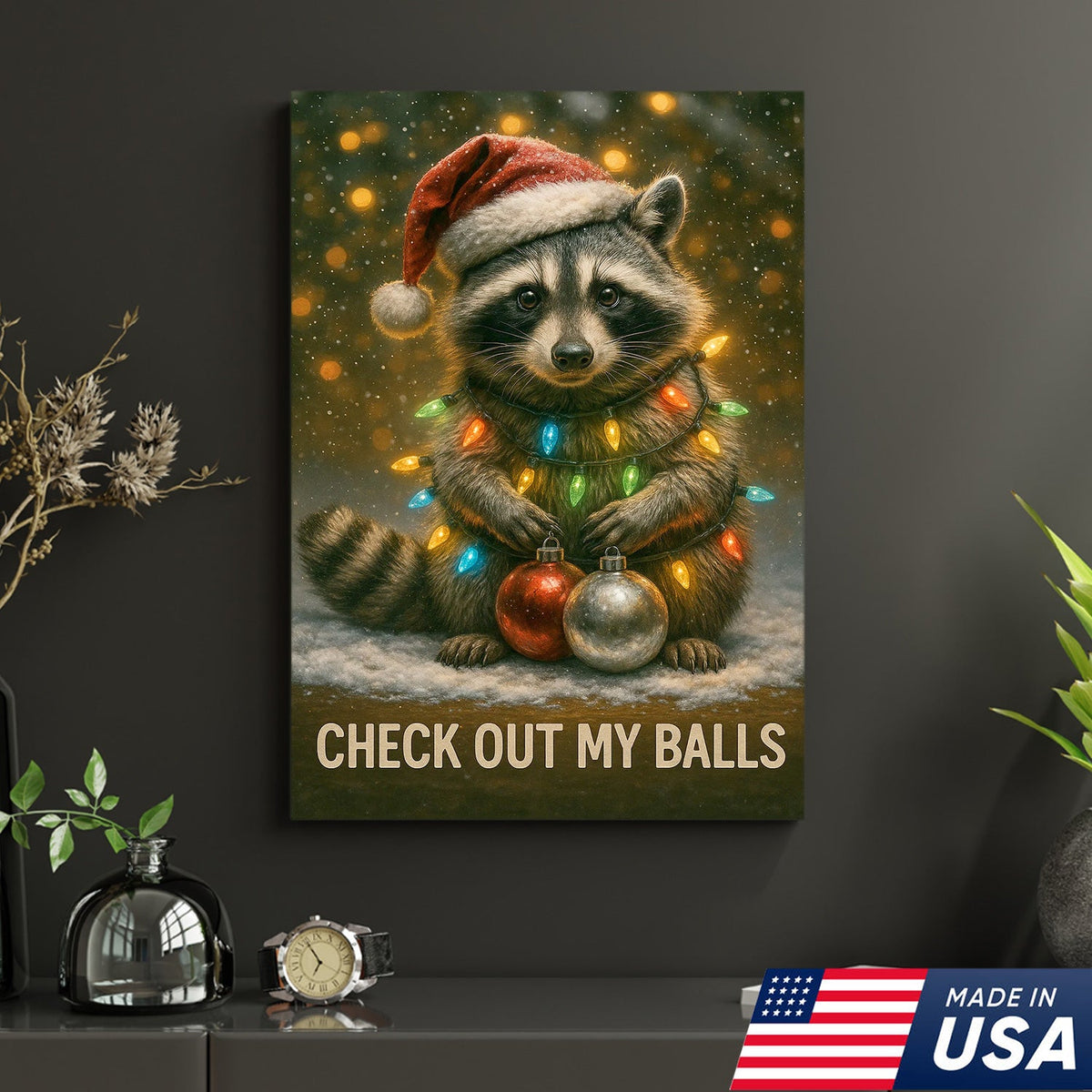 Funny Christmas Raccoon Canvas Art – Cute Holiday Raccoon with Lights & Ornaments