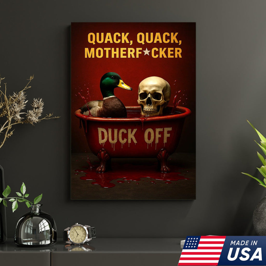 Dark Humor Duck Canvas Art – Savage Duck in Bloody Tub with Skull, Horror-Style “Duck Off” Wall Decor