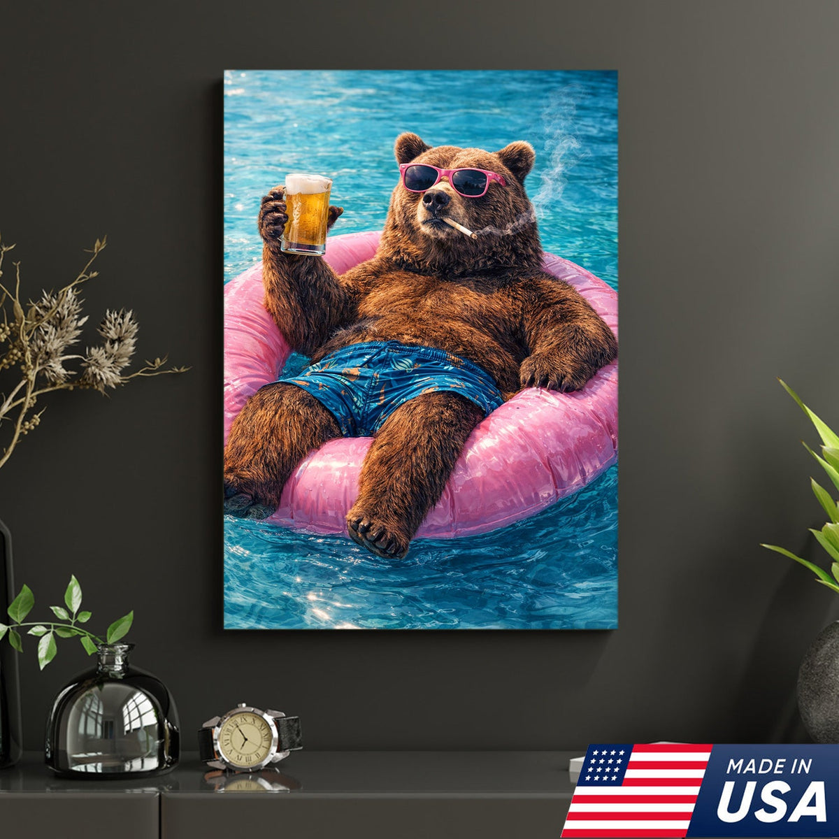 Funny Bear Pool Canvas Wall Art – Cool Bear Drinking Beer Funny Animal Decor