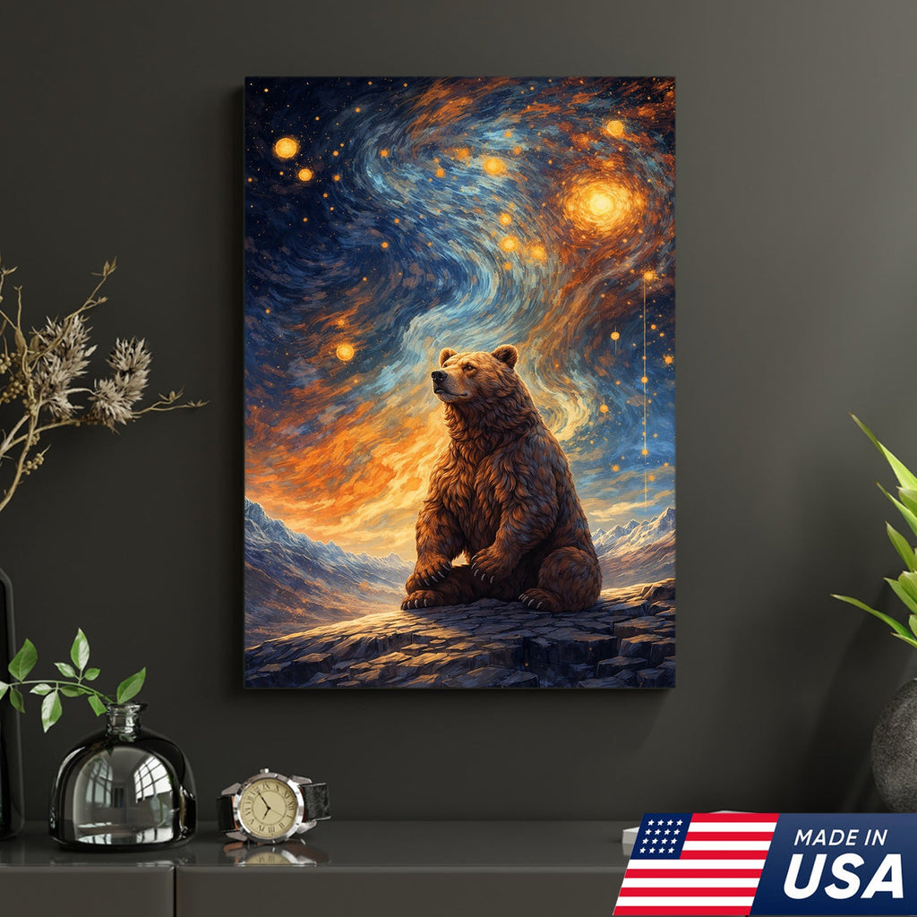 Cosmic Bear Under Starry Sky Canvas – Dreamy Galaxy Wildlife Wall Art