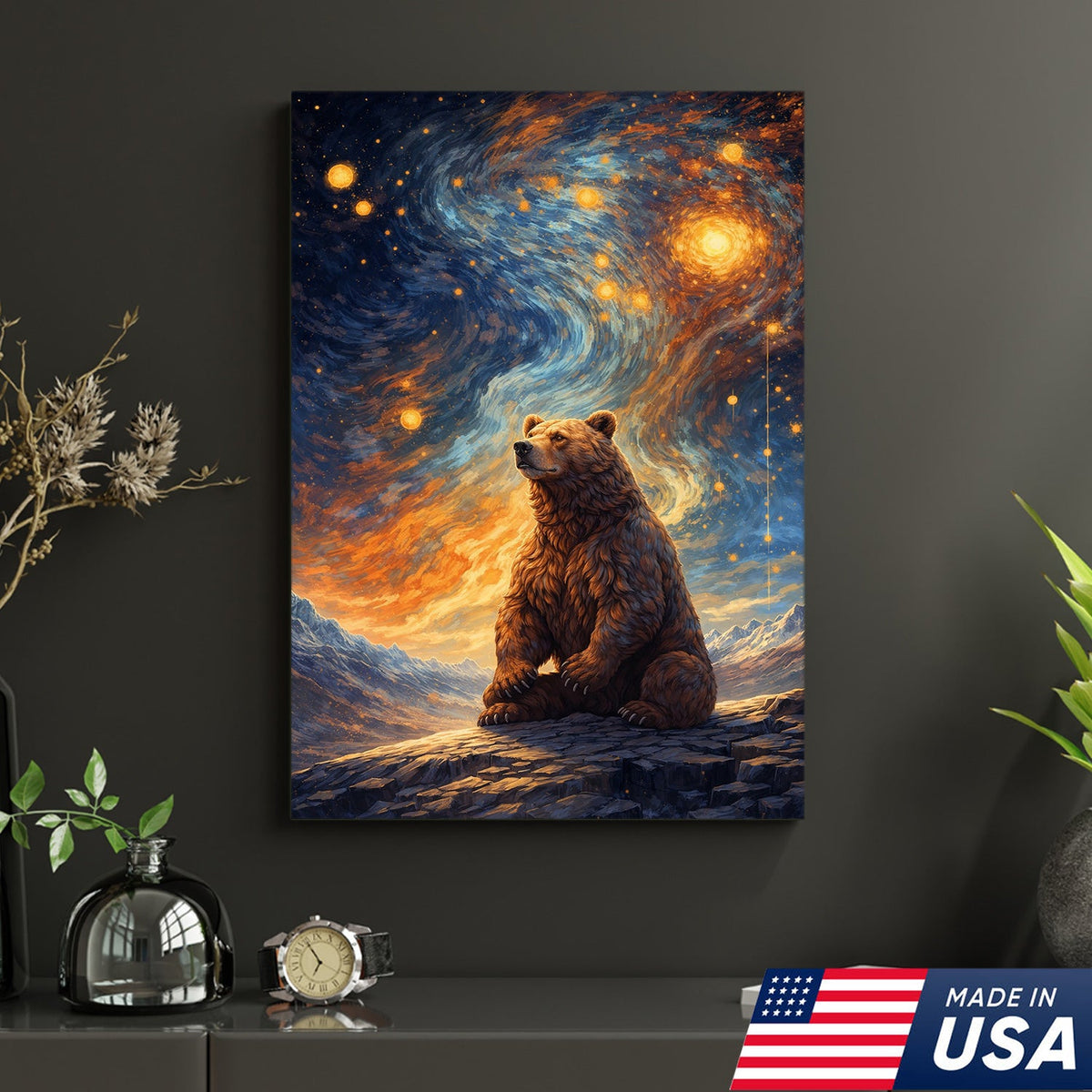 Cosmic Bear Under Starry Sky Canvas – Dreamy Galaxy Wildlife Wall Art