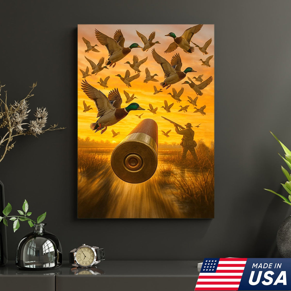 Duck Hunting Canvas Wall Art, Shotgun Shell and Flying Mallards Artwork, Rustic Cabin Decor for Hunters
