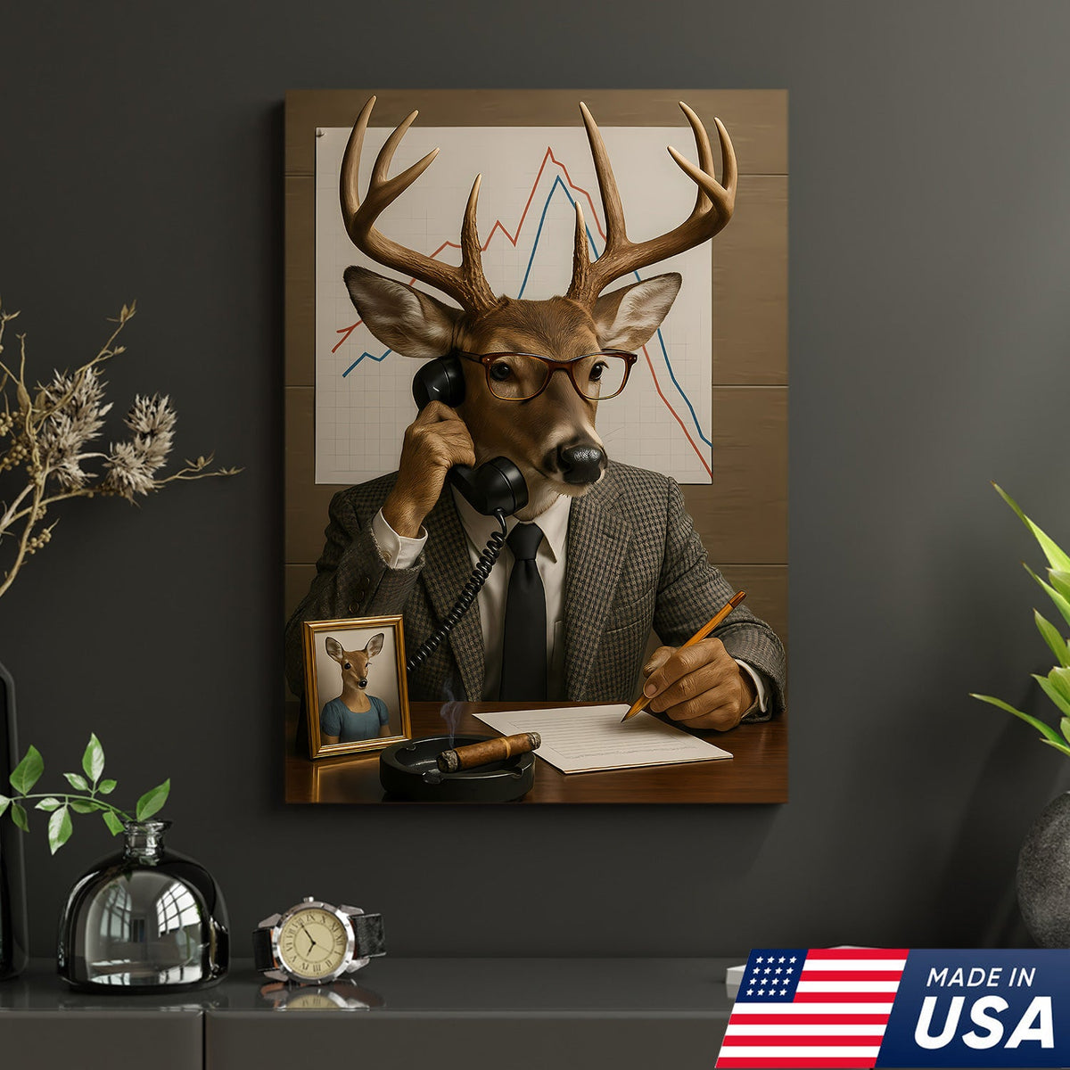 Funny Deer Businessman Canvas, Hilarious Office Buck Wall Art, Quirky Animal Decor for Workspace