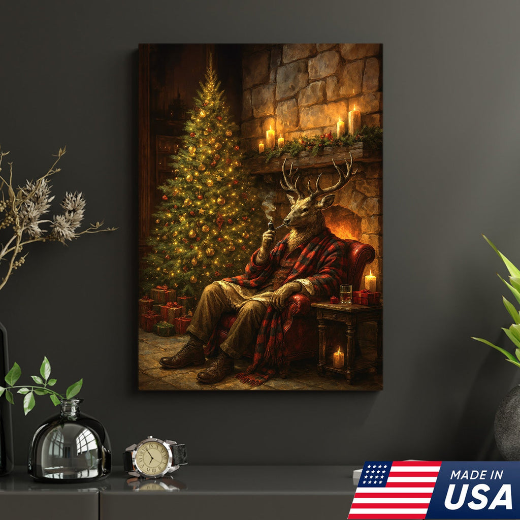 Christmas Deer Smoking Pipe Canvas - Cozy Cabin Wall Decor, Rustic Holiday Artwork