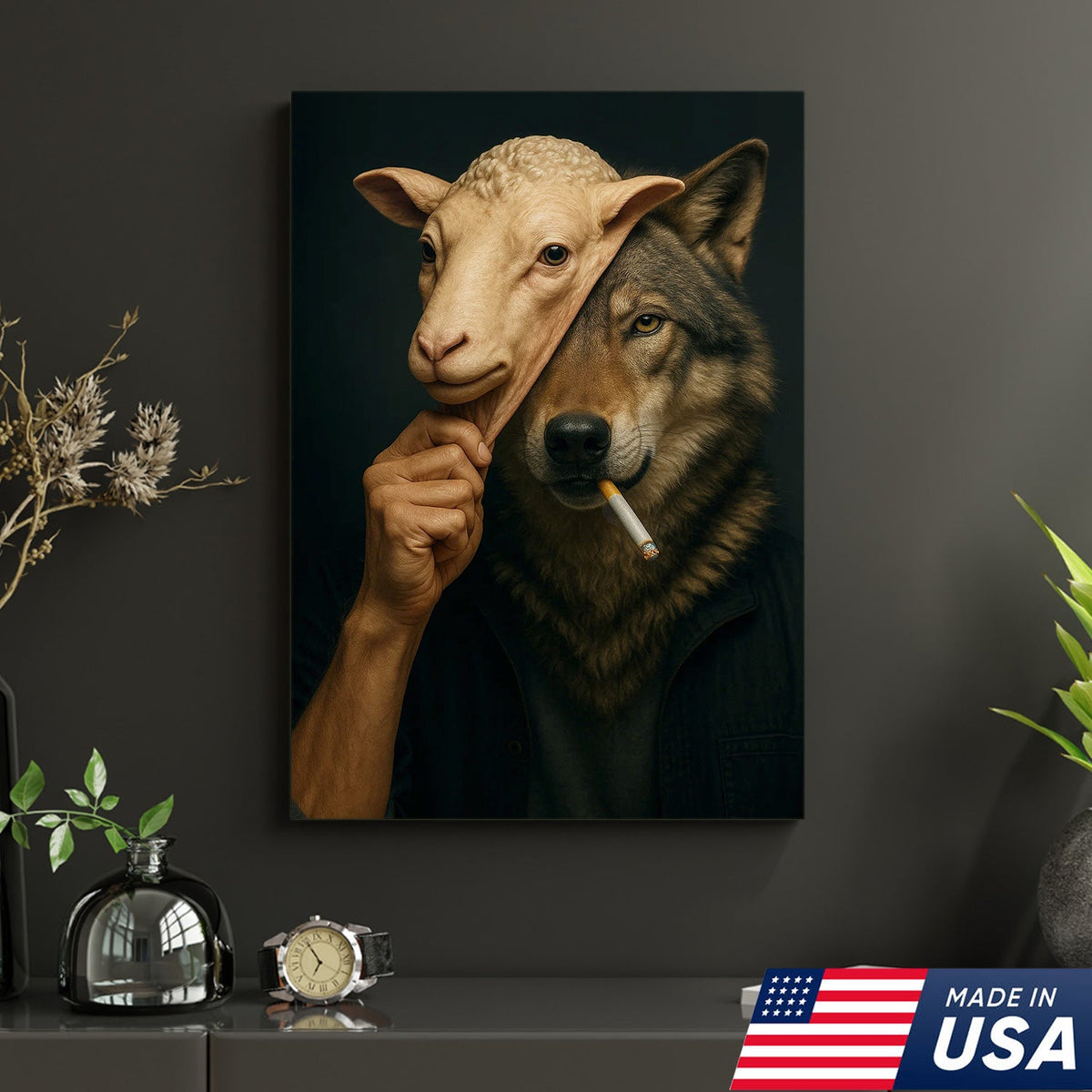 Dark Humor Wolf Wall Art — “Wolf in Sheep’s Clothing” Smoking Cigarette Concept Canvas
