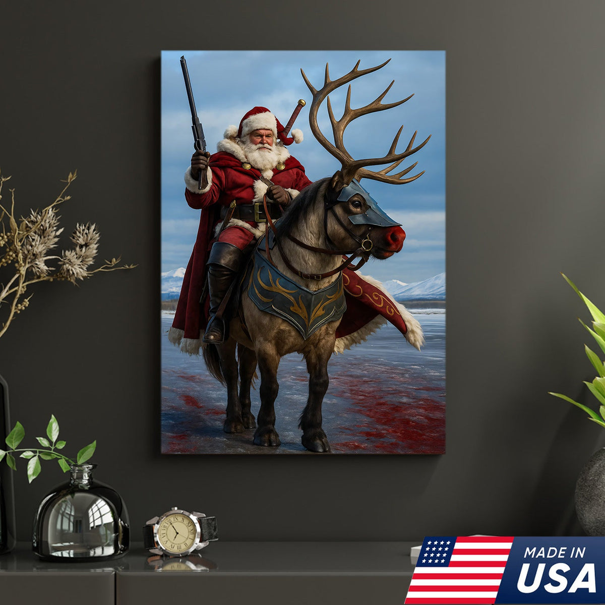 Epic Santa Riding Reindeer Canvas Wall Art, Fantasy Warrior Santa on Armored Reindeer