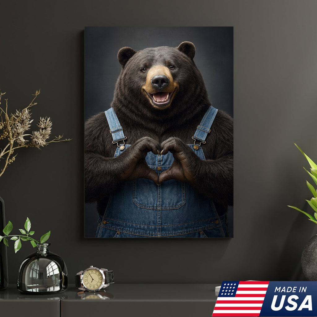 Cute Bear Heart Hands Wall Art Canvas – Whimsical Animal Print for Cabin
