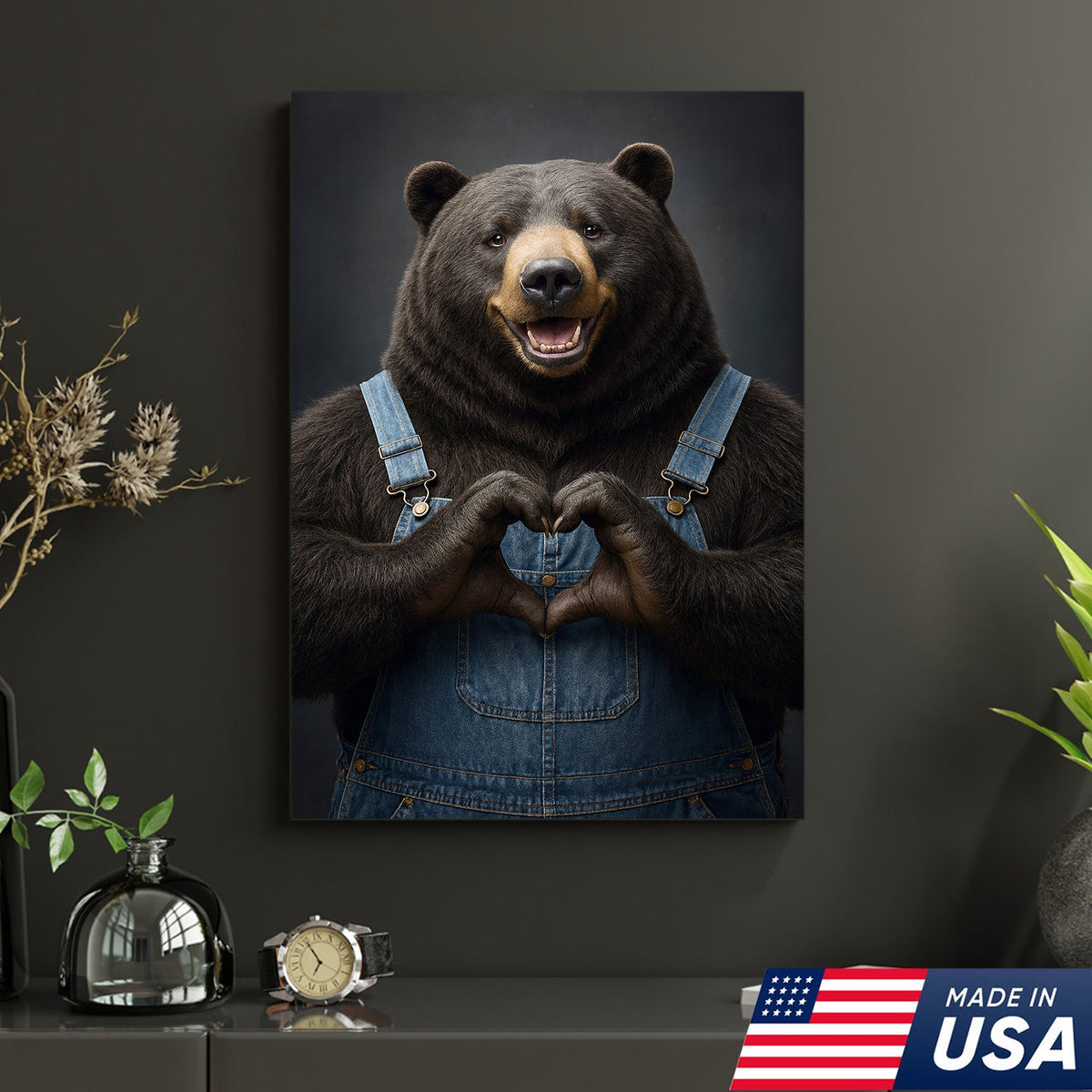 Cute Bear Heart Hands Wall Art Canvas – Whimsical Animal Print for Cabin