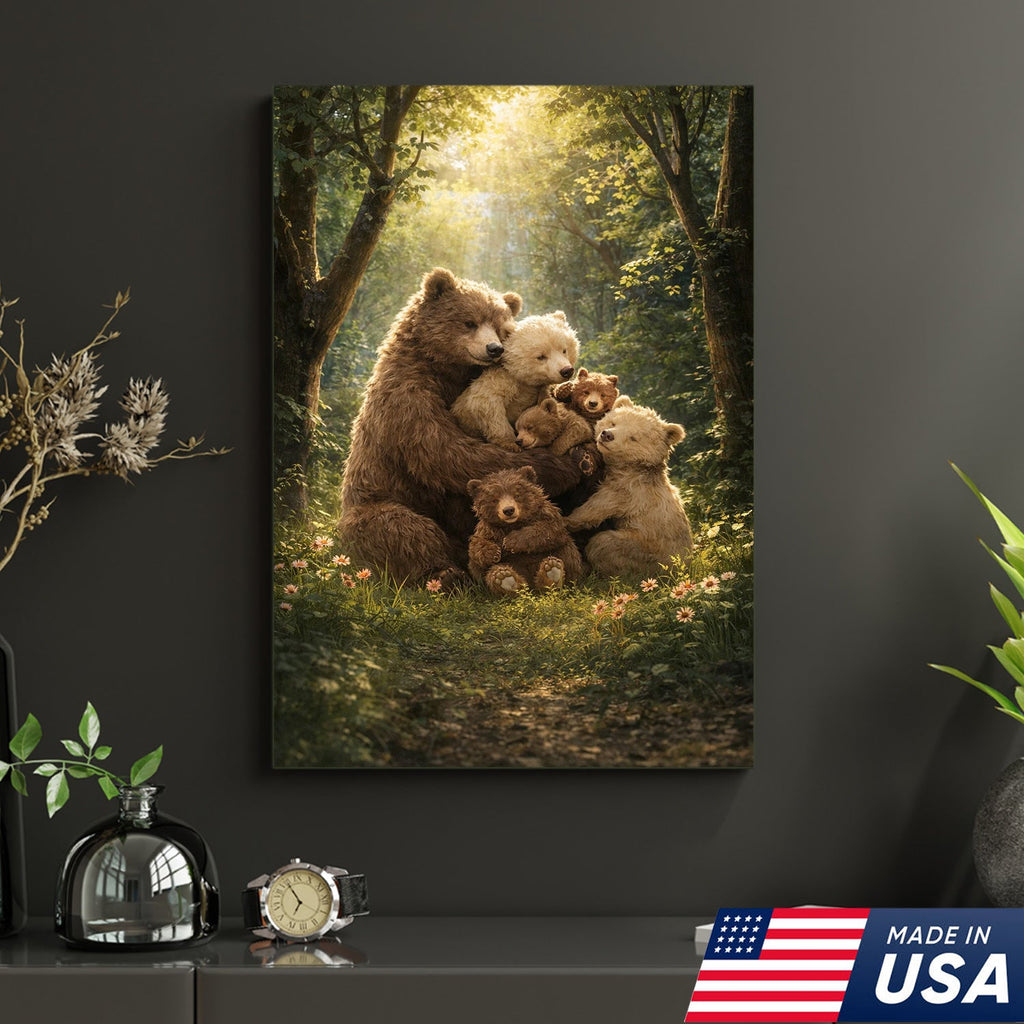 Heartwarming Bear Family Canvas Wall Art, Mother Bear with Cubs in Sunlit Forest
