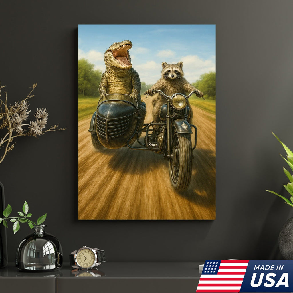 Raccoon Riding Motorcycle with Alligator Sidecar Canvas Wall Art, Funny Wildlife Road Trip Decor for Man Cave