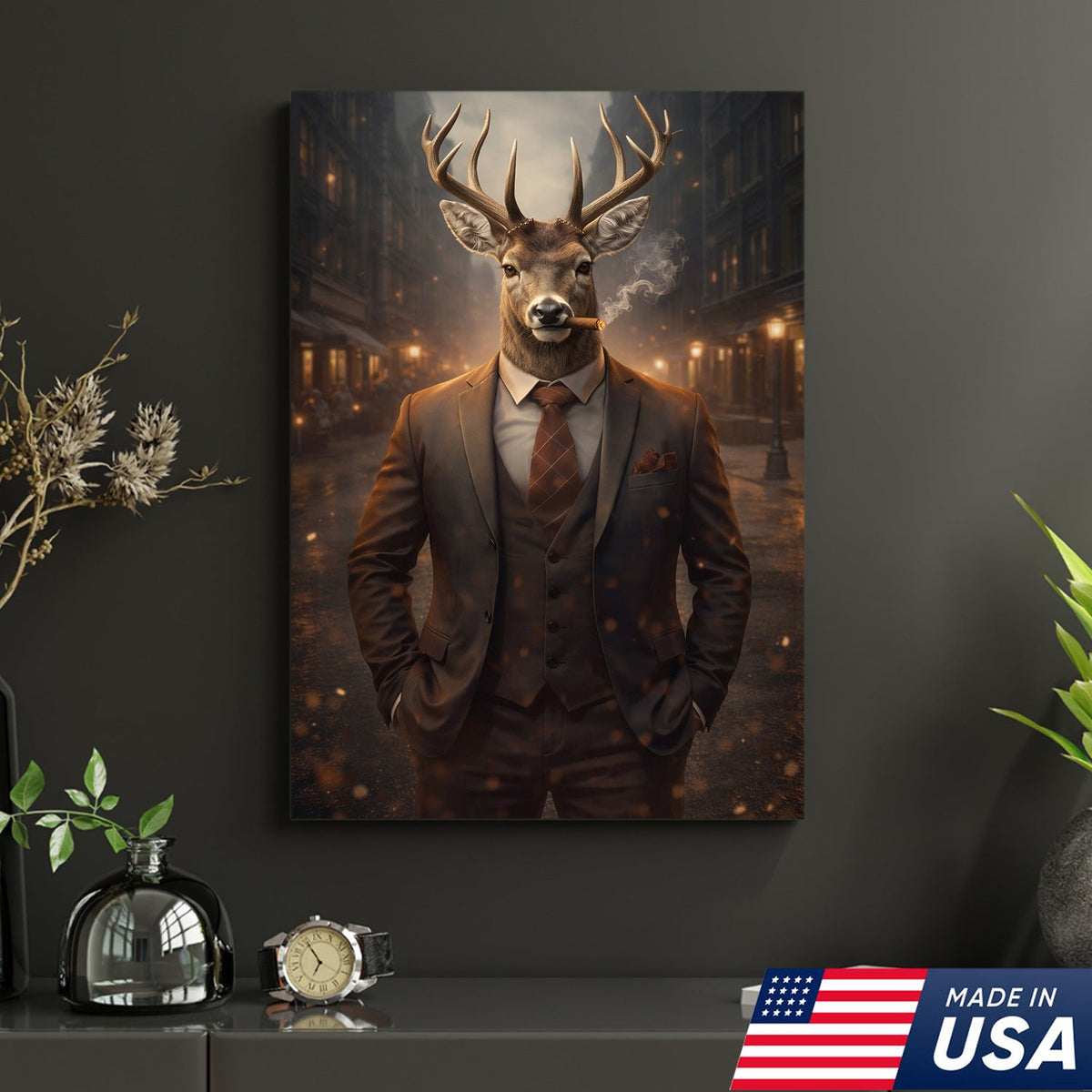 Stylish Deer Gentleman Canvas Wall Art, Anthropomorphic Animal City Night Artwork