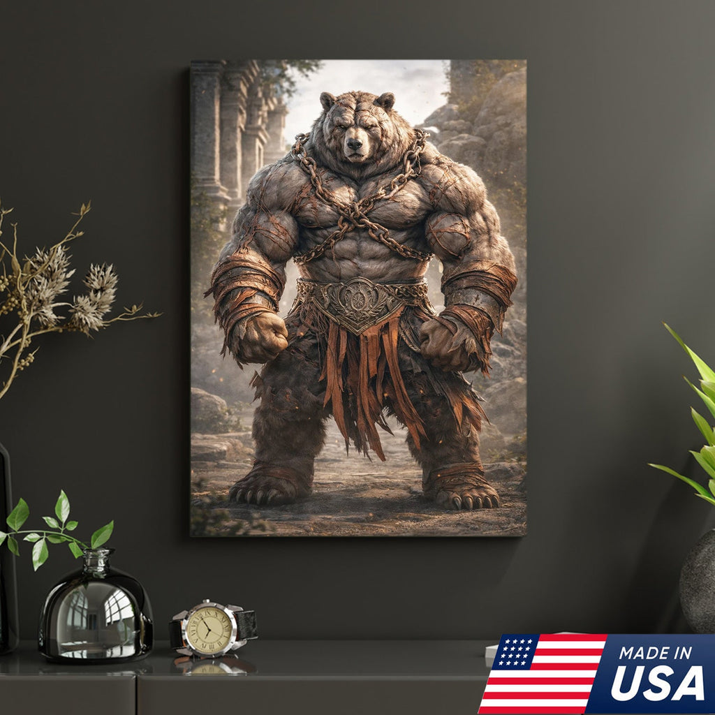 Epic Warrior Bear Canvas Wall Art – Fantasy Barbarian Animal Print