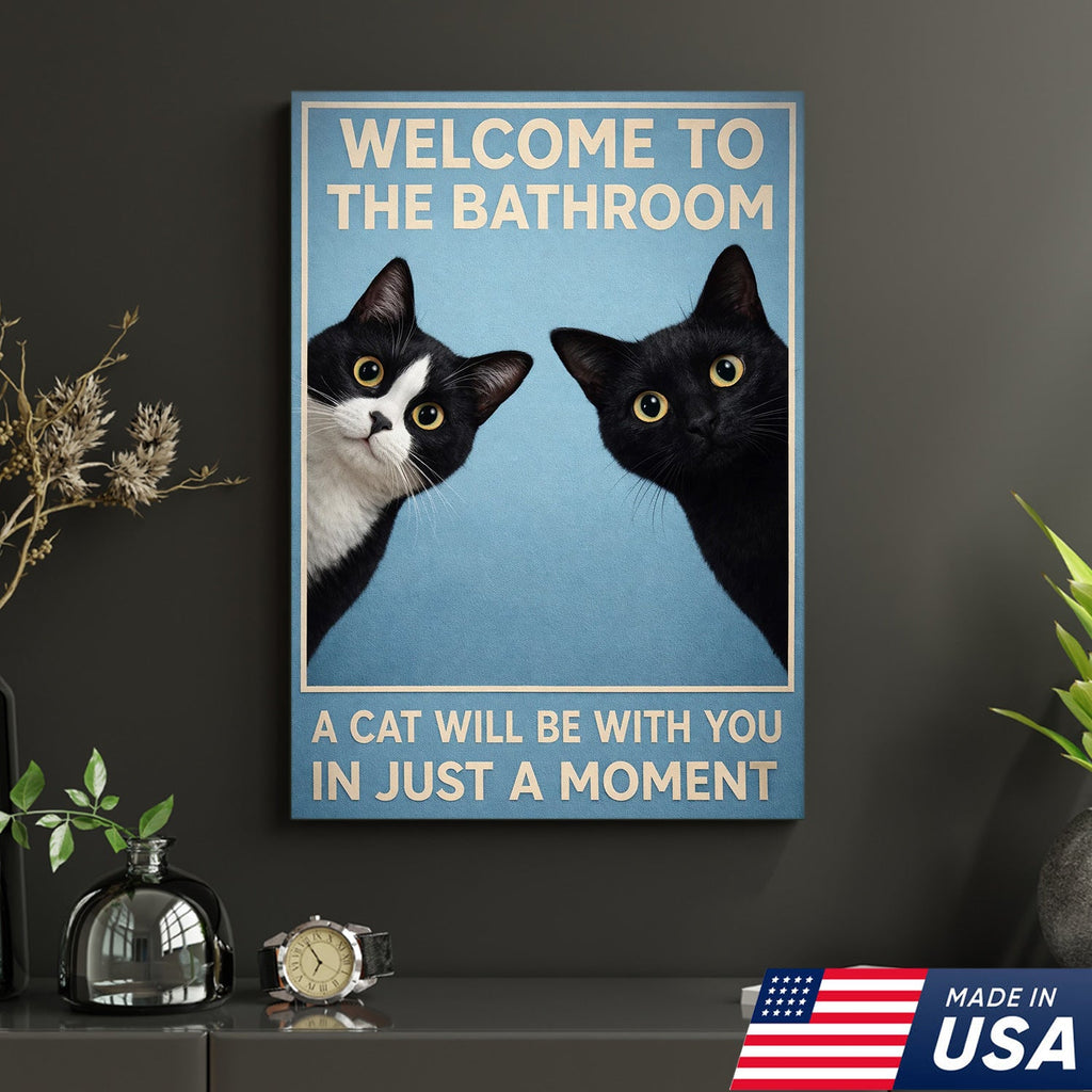 Funny Cat Bathroom Wall Art, Welcome to the Bathroom Cat Canvas