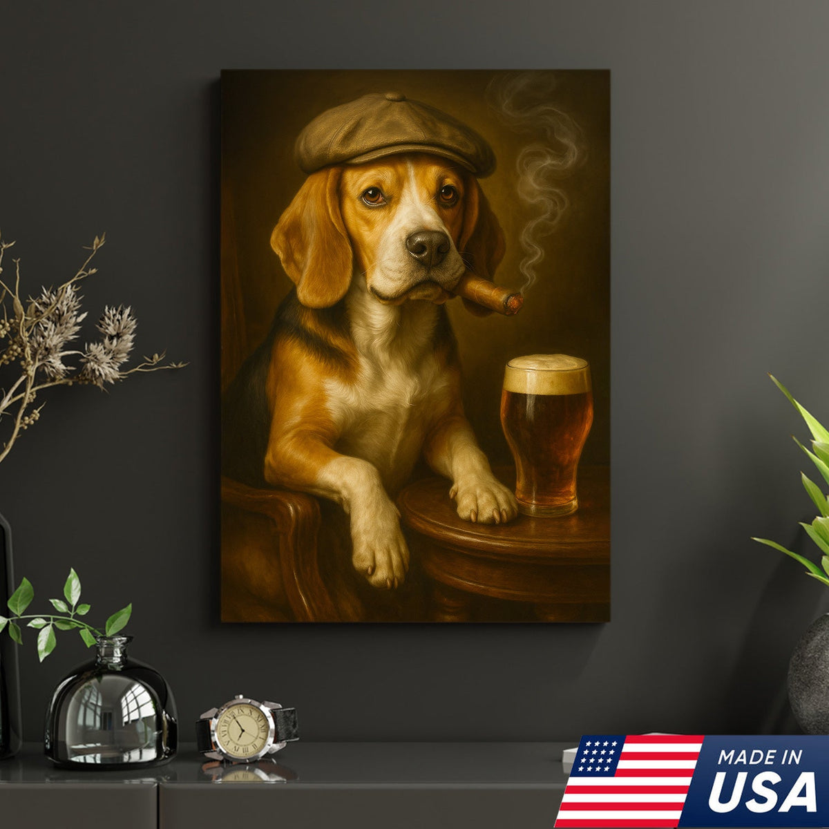 Beagle Dog Cigar Wall Art Canvas – Funny Beer Lover Wall Art for Rustic Bar & Man Cave