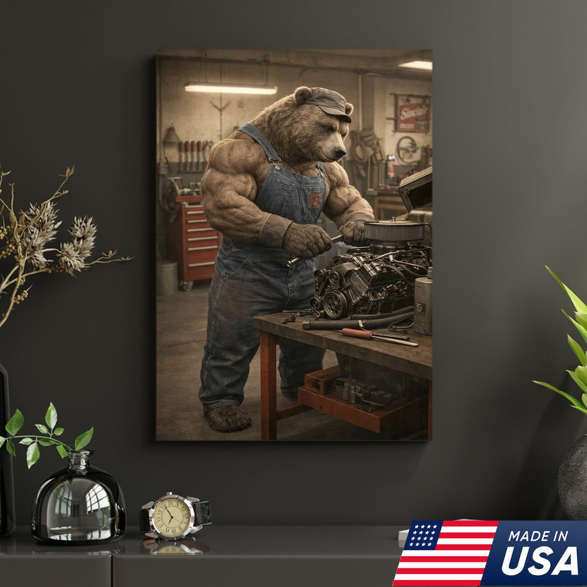 Muscular Bear Mechanic Canvas Wall Art – Realistic Animal Workshop Print