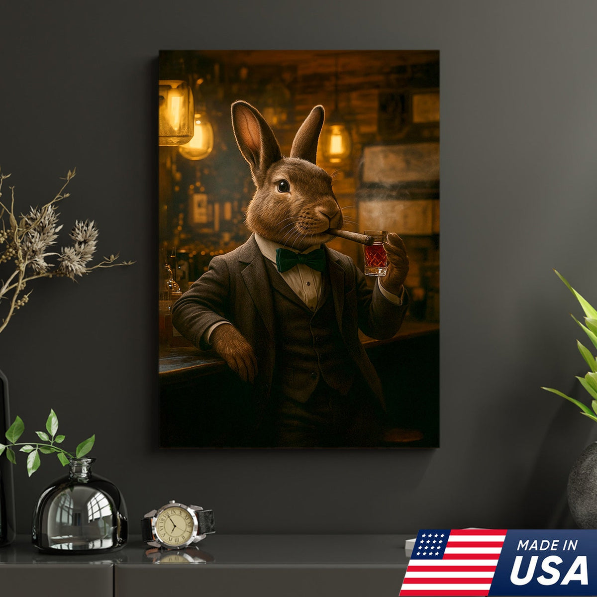 Rabbit Gentleman Wall Art – Classy Drinking & Smoking Canvas for Bar, Lodge & Man Cave Decor