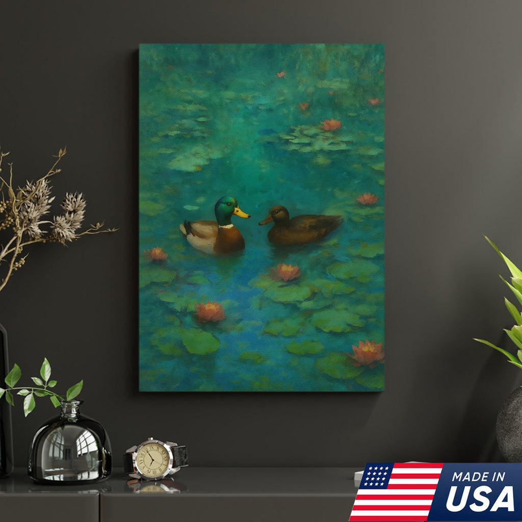 Romantic Mallard Duck Canvas Wall Art – Tranquil Pond & Water Lily Canvas