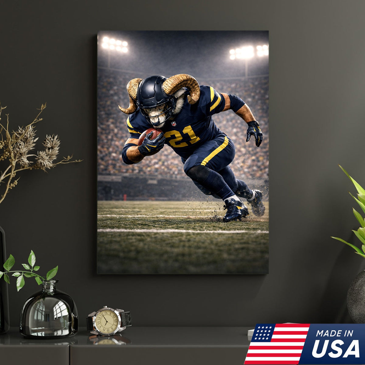 Mighty Ram Football Canvas Wall Art – Horned Athlete Stadium Action Print