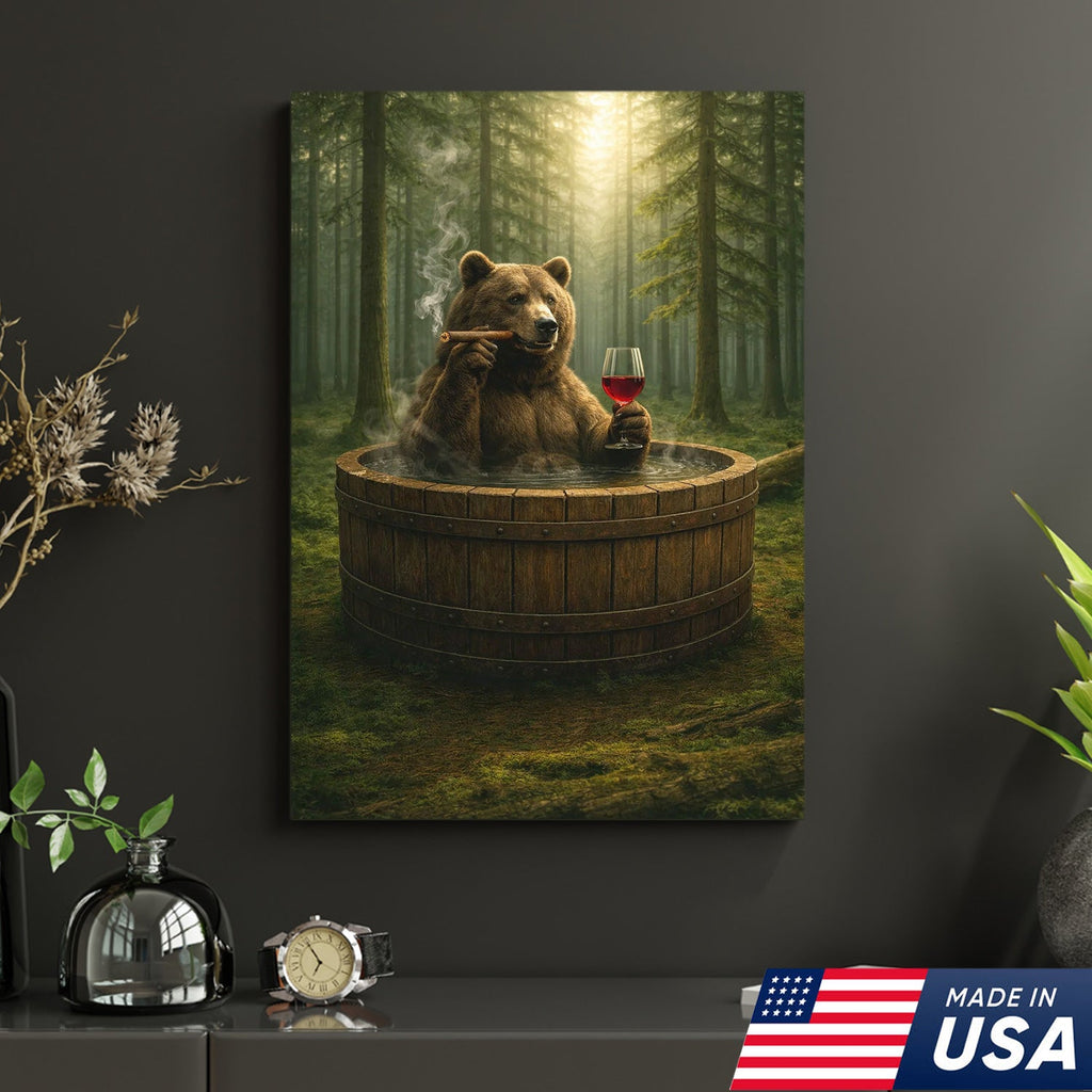 Relaxing Bear Forest Bath Canvas Wall Art, Whimsical Woodland Animal Illustration