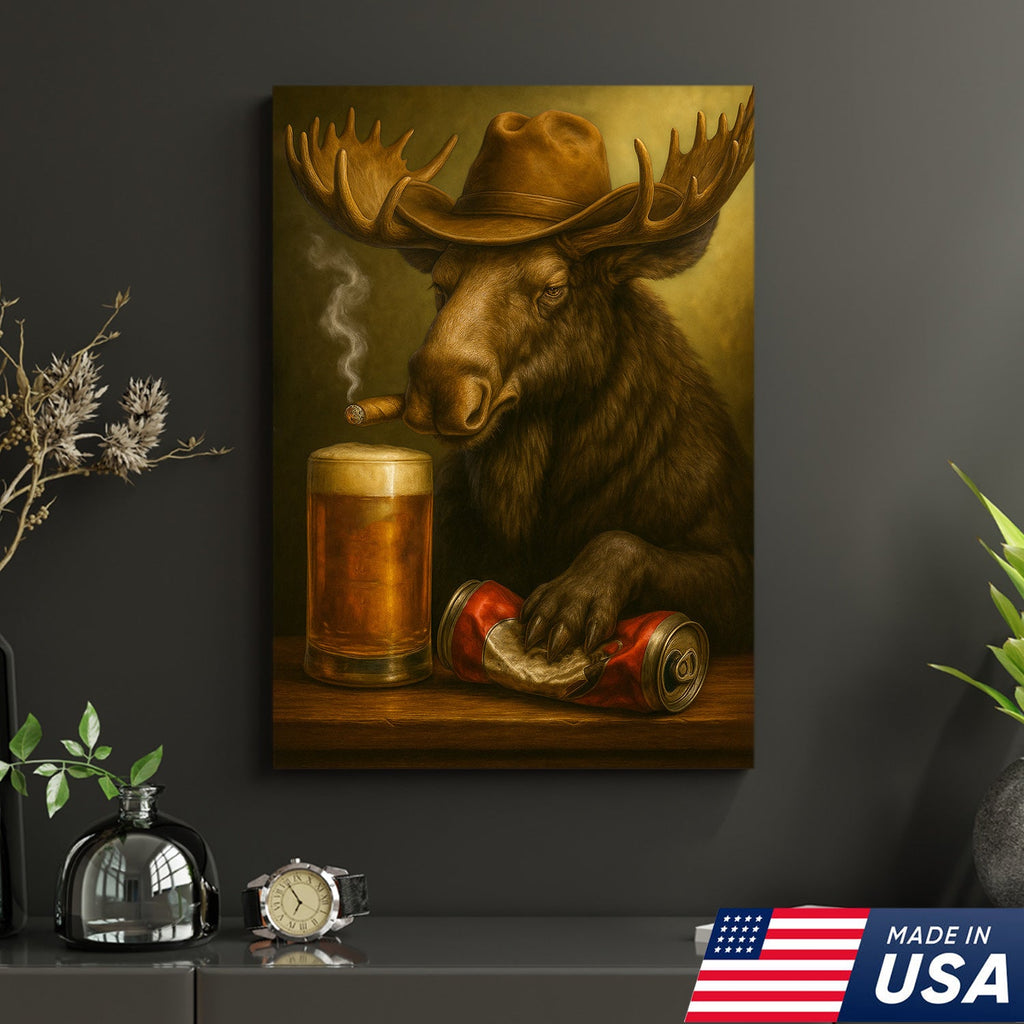 Rustic Cowboy Moose Beer Canvas – Funny Bar Wall Art Gift for Hunters, Cabin Decor & Man Caves