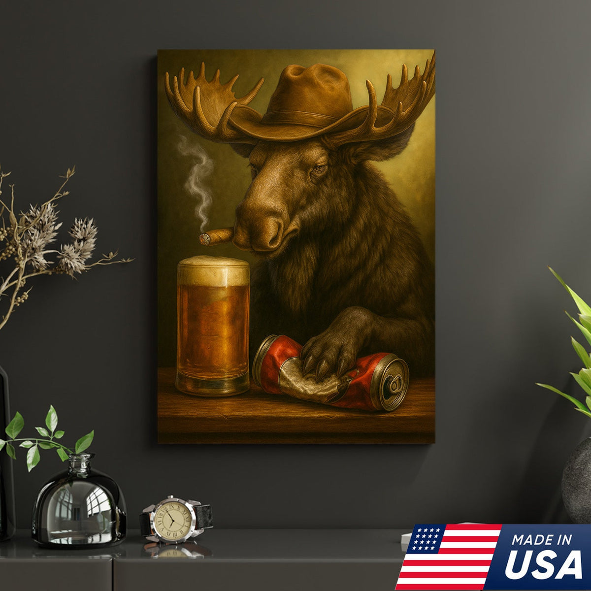 Rustic Cowboy Moose Beer Canvas – Funny Bar Wall Art Gift for Hunters, Cabin Decor & Man Caves
