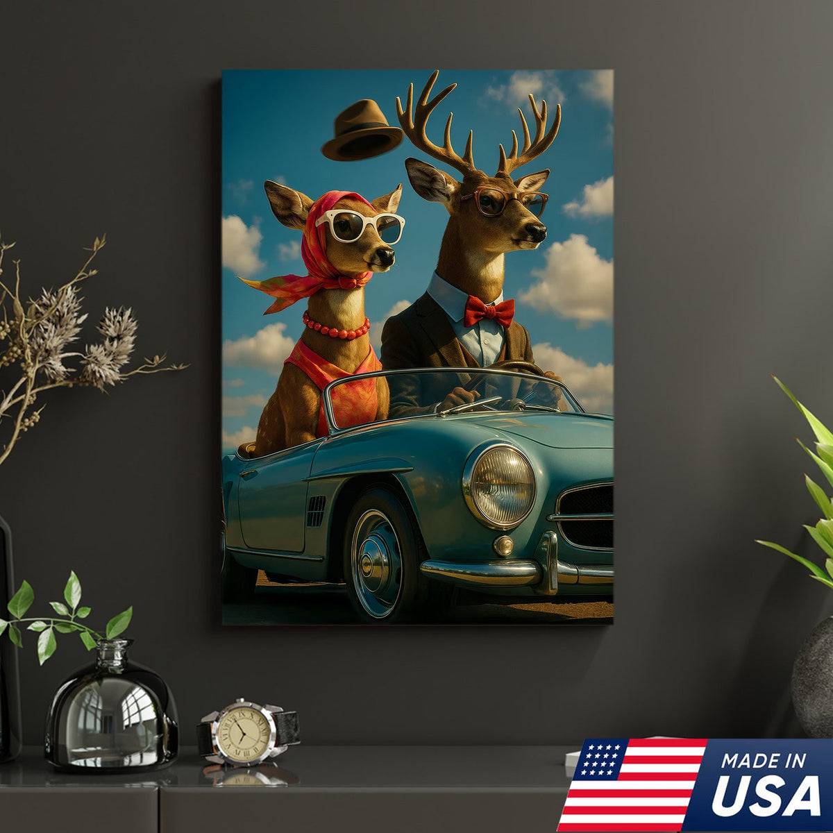 Retro Deer Couple Driving Canvas – Funny Buck & Doe in Convertible, Vintage Wall Art