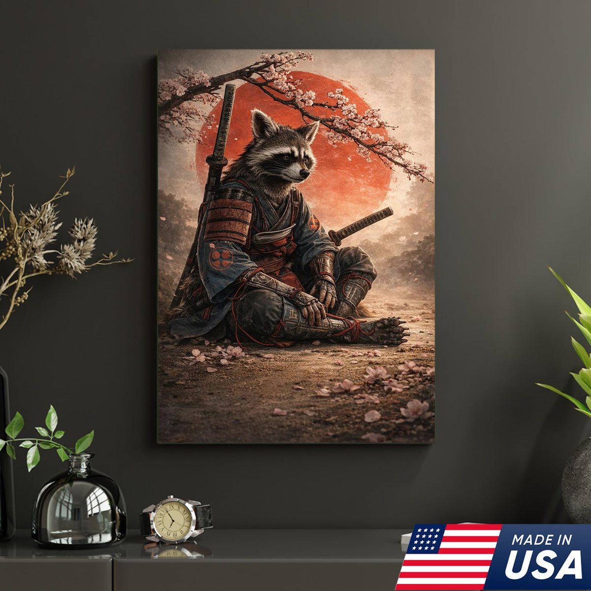 Samurai Raccoon Wall Art Canvas Print, Japanese Warrior Animal Illustration