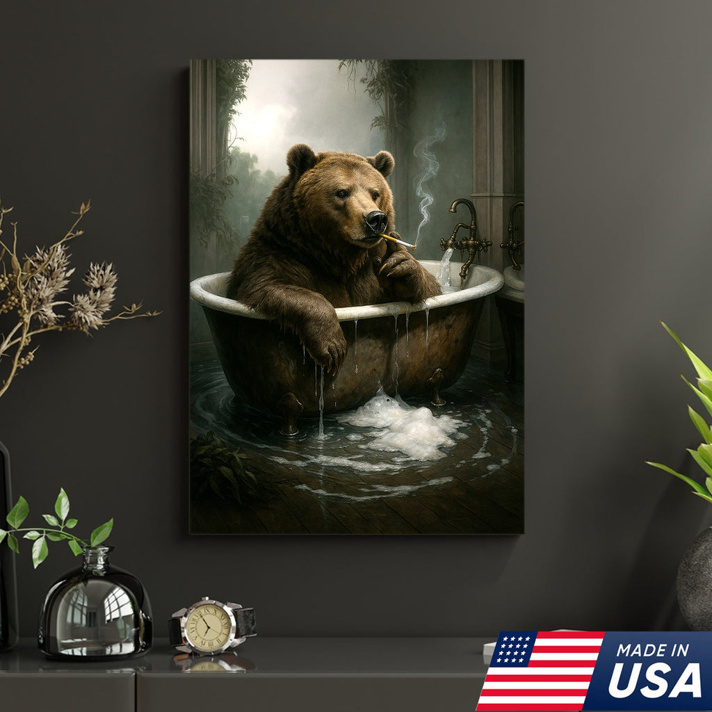 Smoking Bear in Bathtub Canvas – Surreal Rustic Wall Art for Man Cave & Lodge Decor