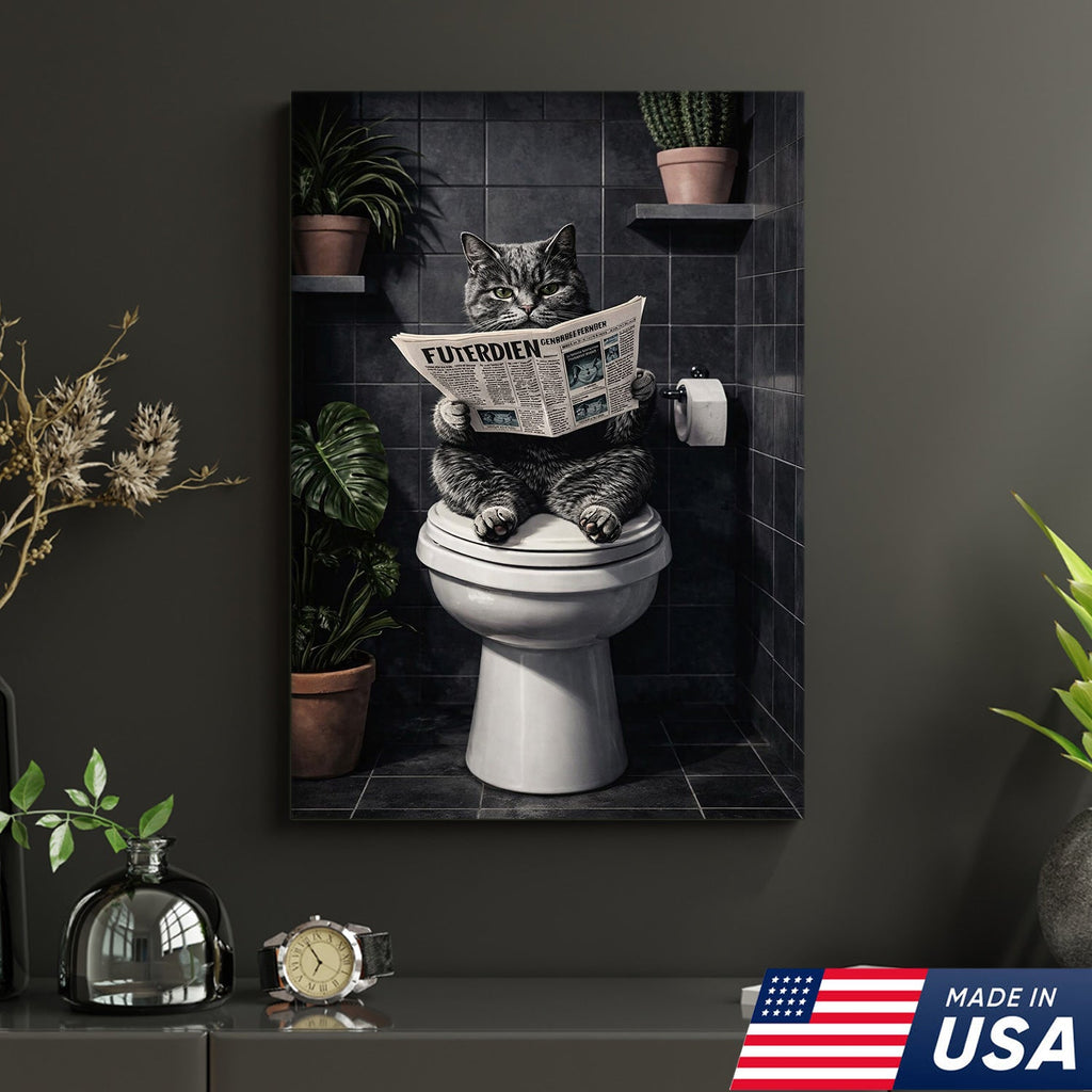 Funny Cat Bathroom Canvas – Cat On Toilet Wall Art – Meme Decor