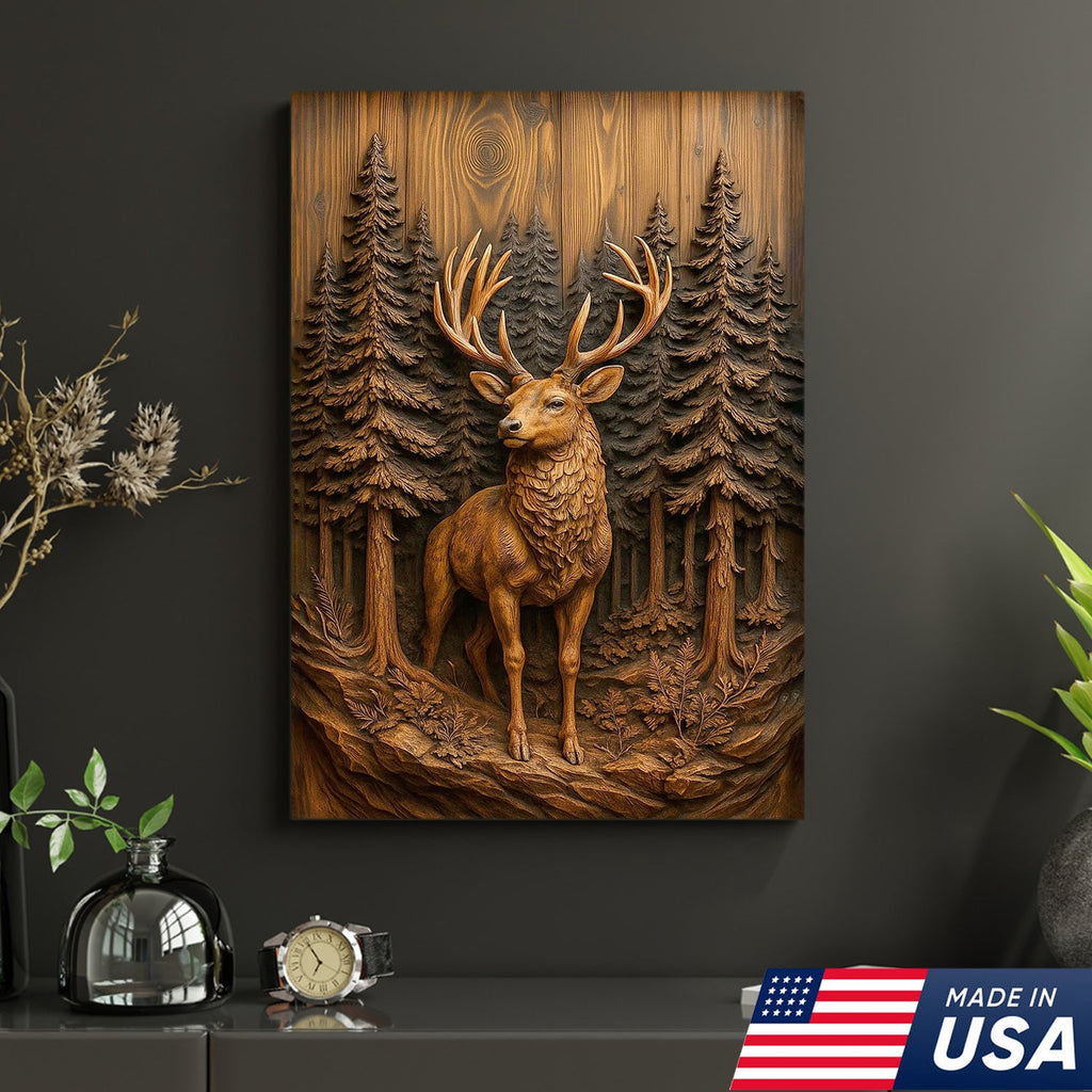 Deer in Pine Forest Canvas Wall Art, Rustic Wood Carved Look Buck Artwork