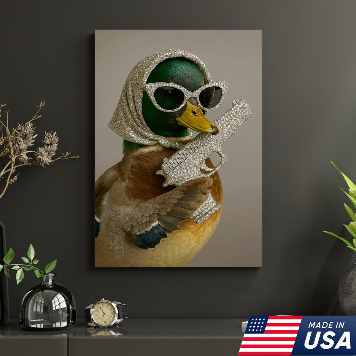 Glam Duck Canvas Art – Fancy Diamond-Style Shades & Sparkling Prop