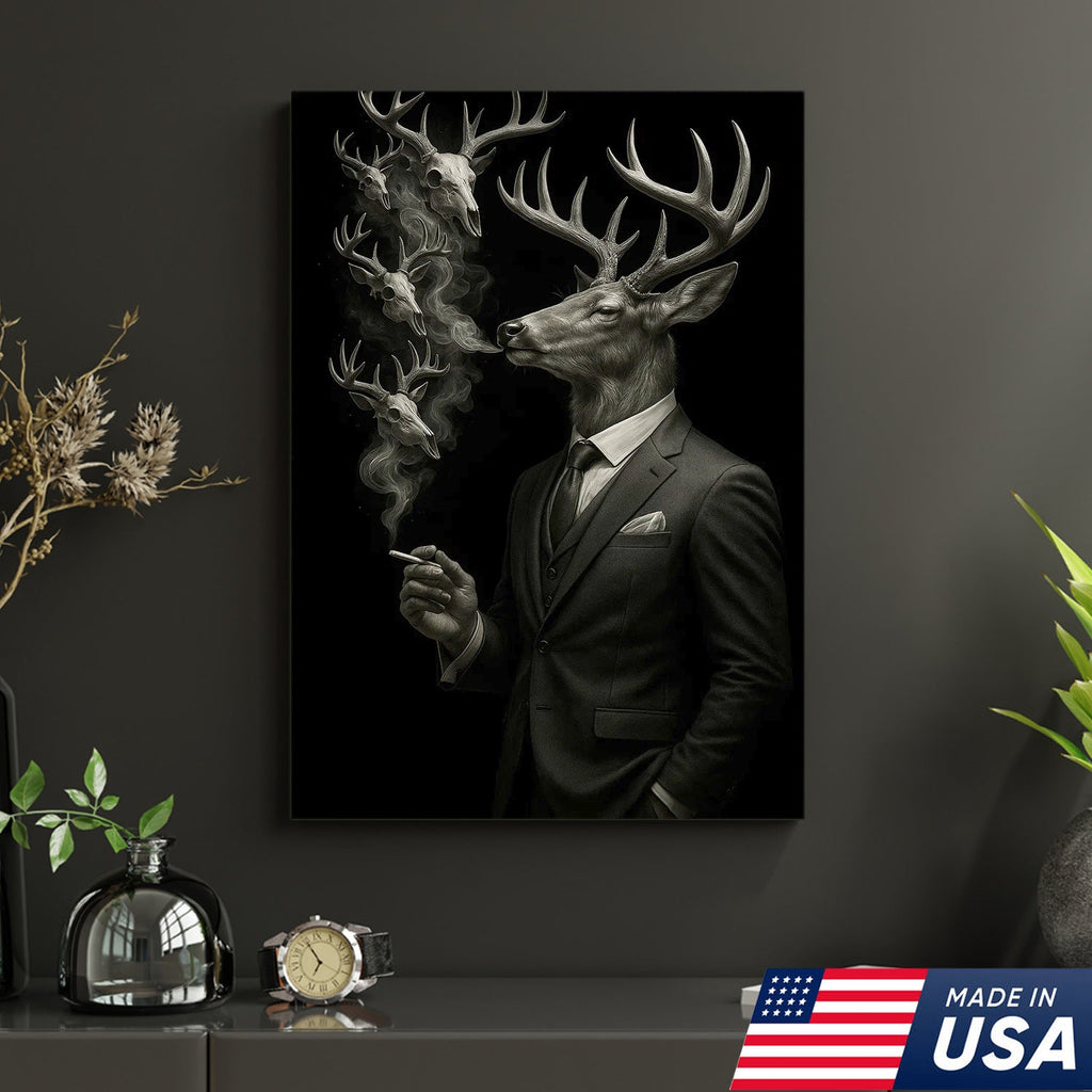Gentleman Deer Canvas Wall Art, Elegant Buck in Suit Artwork, Rustic Cabin Decor for Hunters