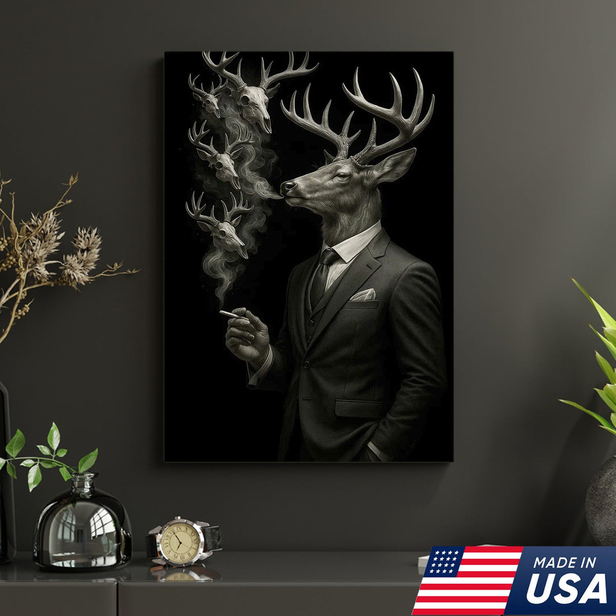 Gentleman Deer Canvas Wall Art, Elegant Buck in Suit Artwork, Rustic Cabin Decor for Hunters