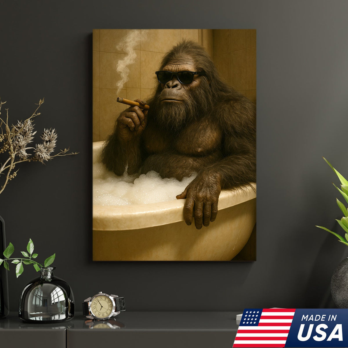 Funny Bigfoot Smoking Canvas Wall Art – Cool Bathtub Scene Gift for Hunters & Outdoorsmen