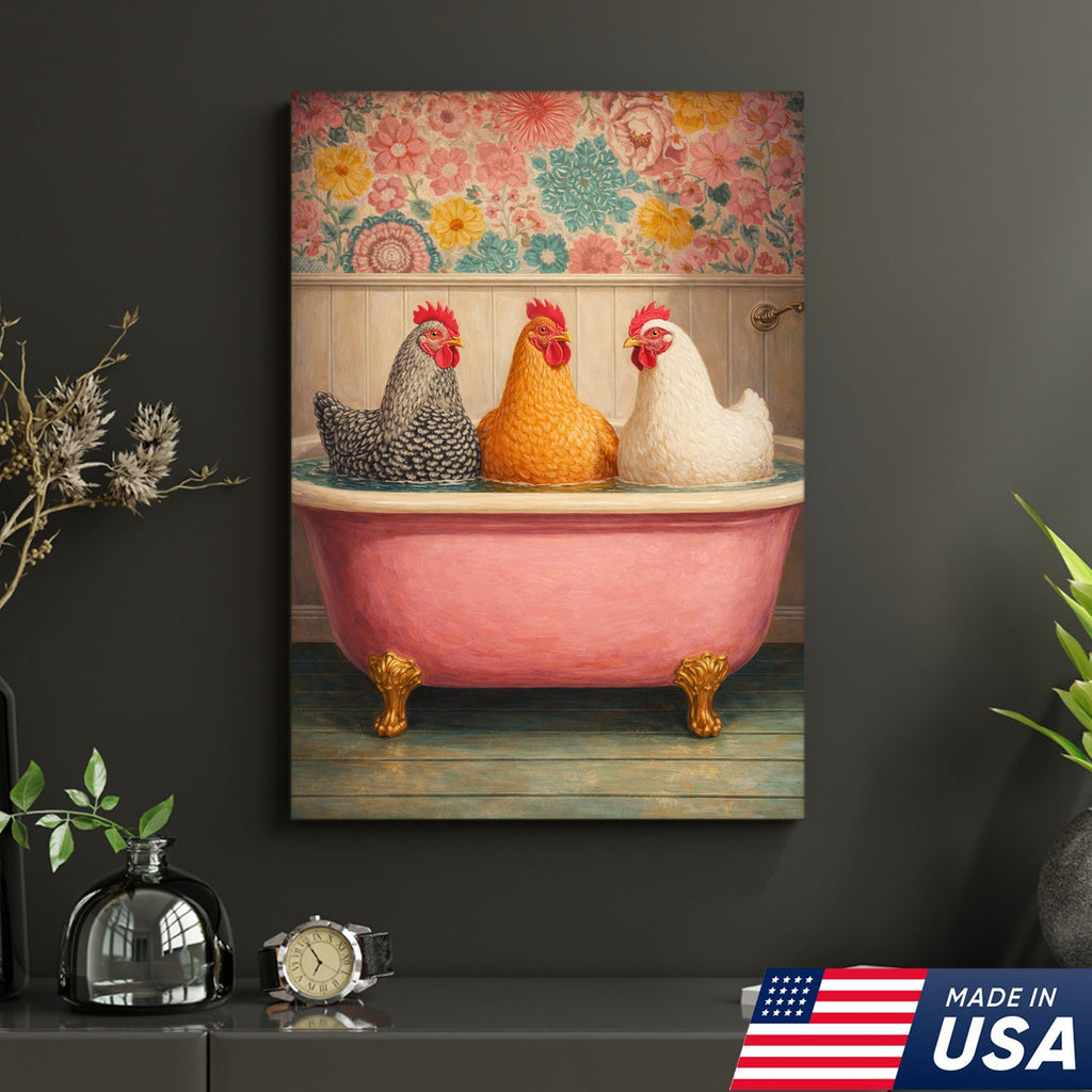 Funny Chicken Bathroom Canvas Wall Art – Chickens In Bathtub Painting