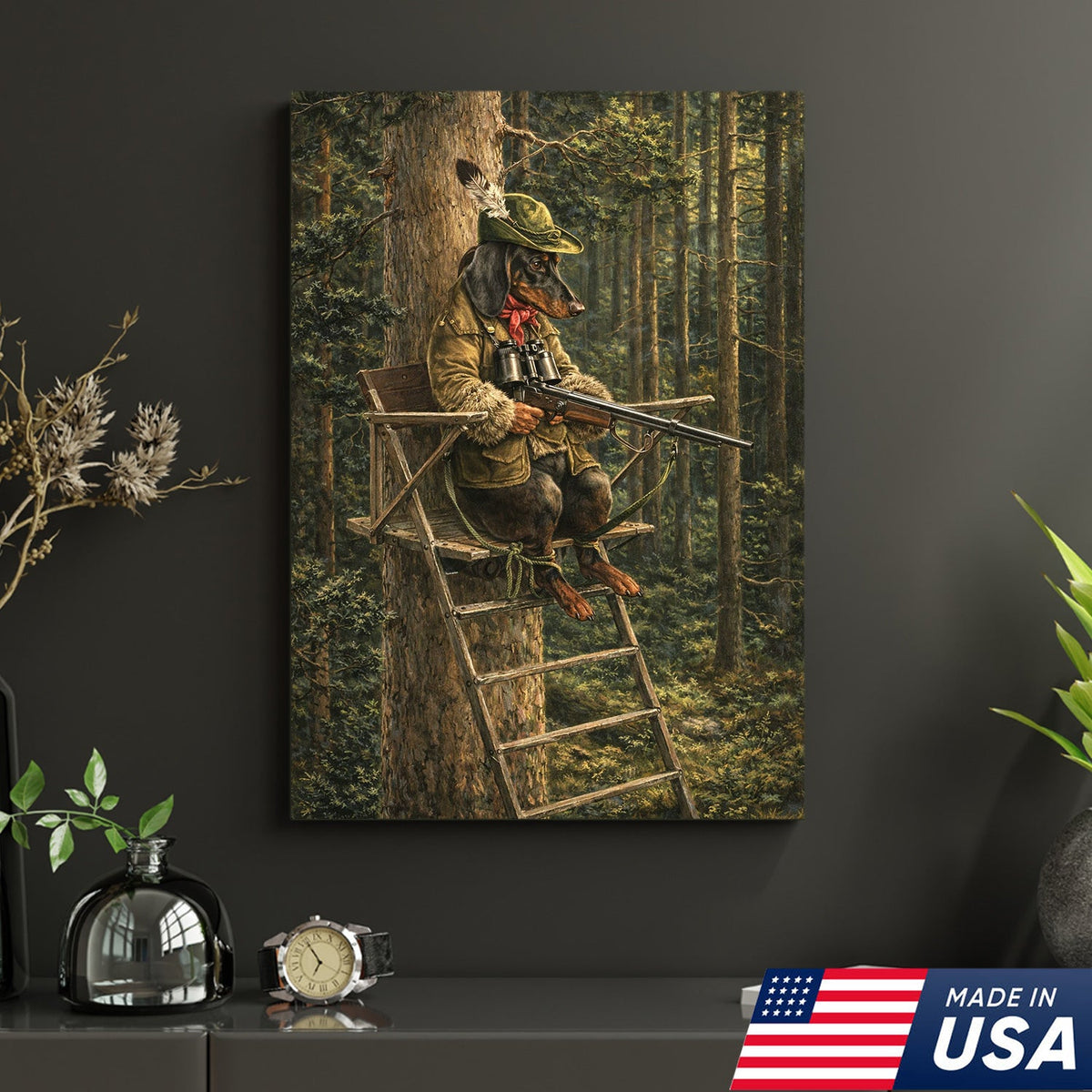 Funny Hunting Dog Wall Art, Dachshund Hunter Tree Stand Canvas