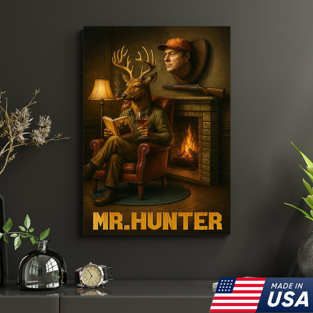 Funny Deer Hunter Wall Art, Rustic Cabin Decor for Hunters, Mr. Hunter Canvas Print