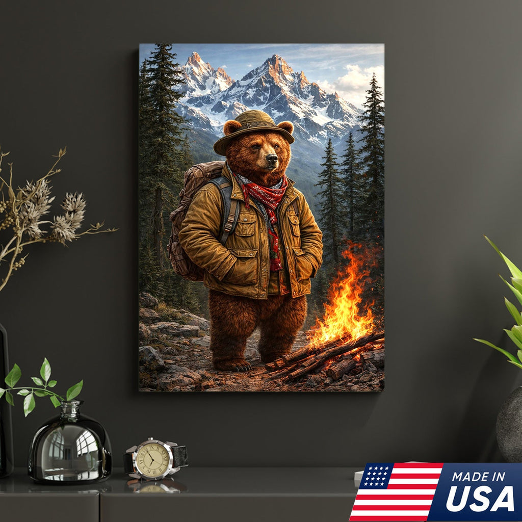 Mountain Explorer Bear Canvas Wall Art – Realistic Wildlife Hiking Print