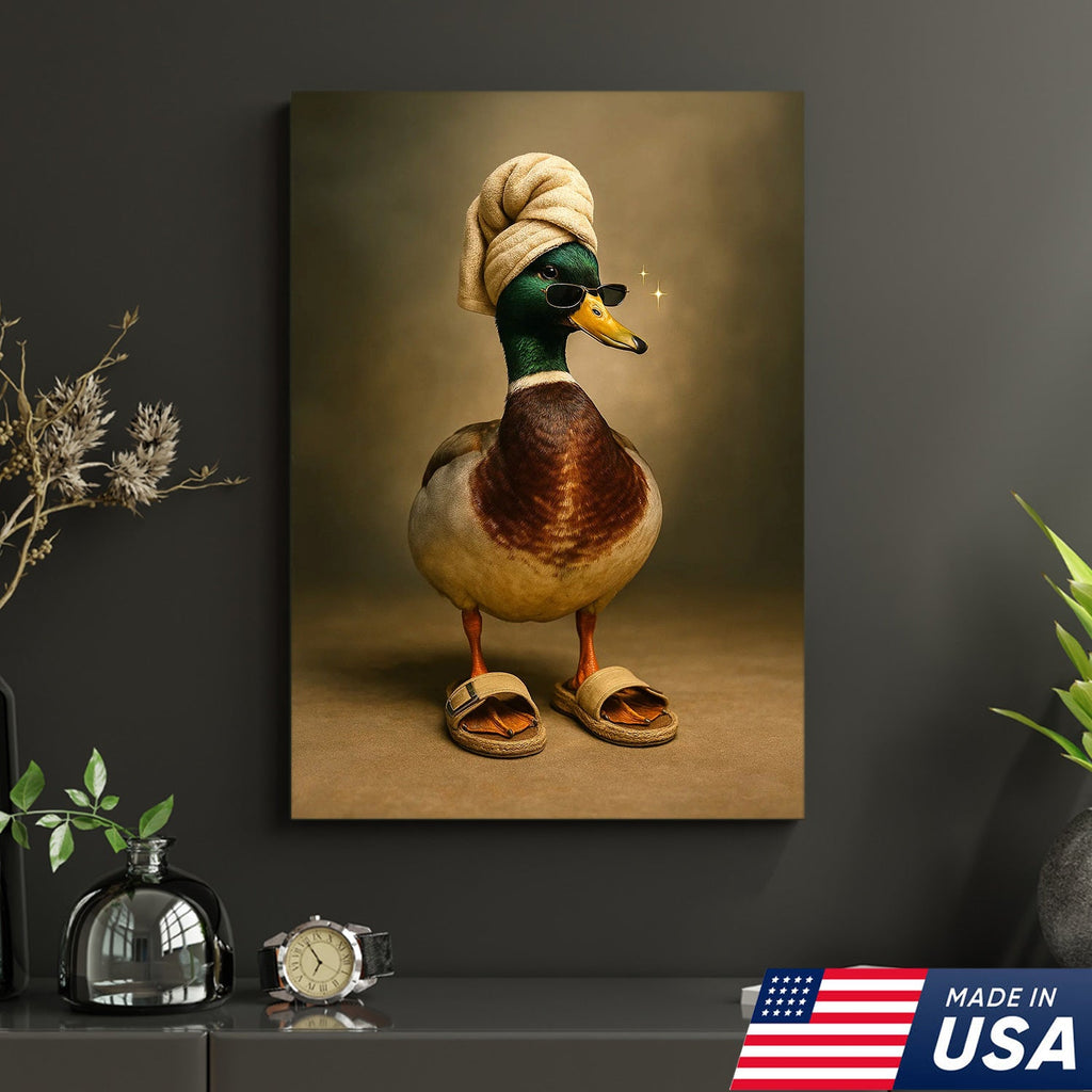 Spa Day Duck Canvas Wall Art, Funny Mallard in Towel and Sandals Bathroom Decor