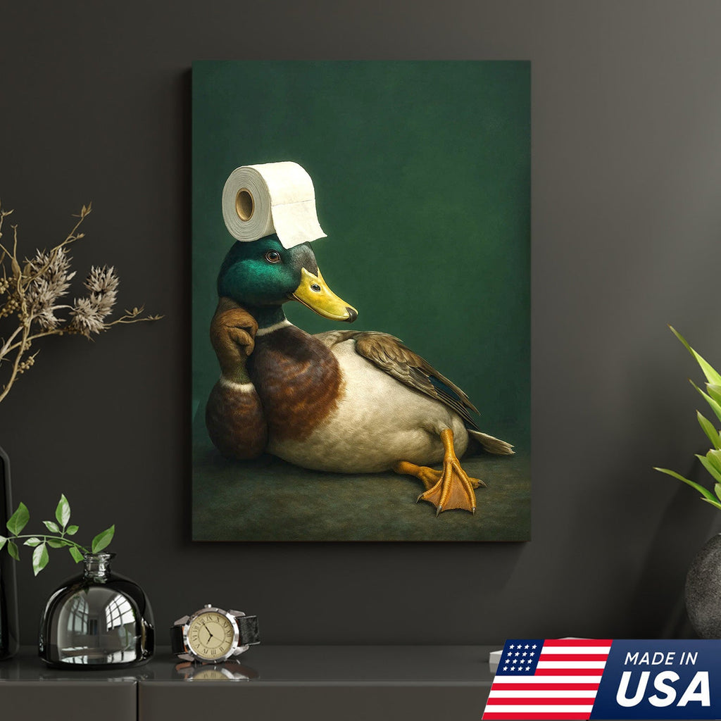Funny Duck Bathroom Canvas Wall Art – Quirky Rustic Lodge Decor – Mallard Humor Gift Idea