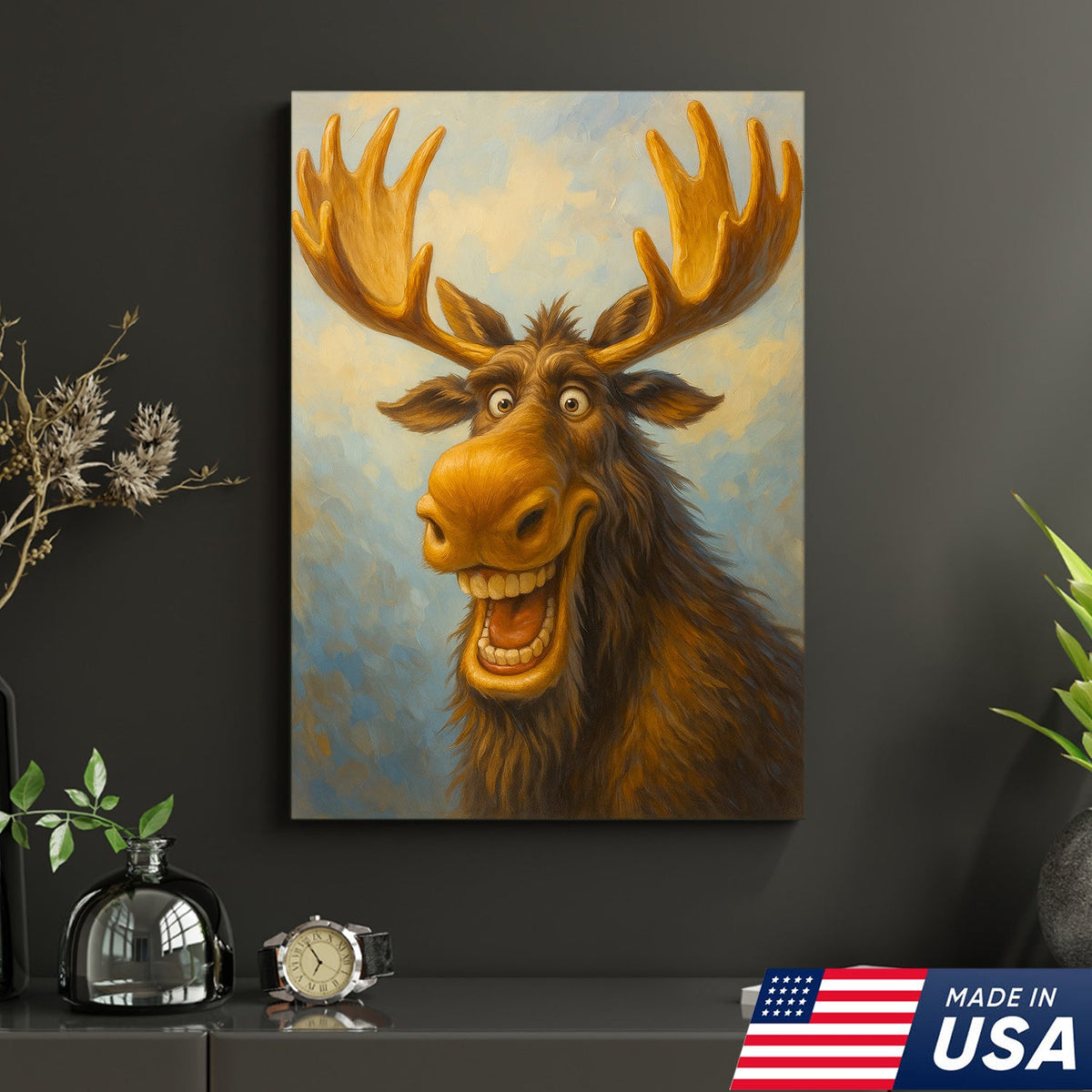 Funny Moose Wall Art – Cartoon Moose Decor, Rustic Cabin Gift, Lodge Bar Humor Canvas Print