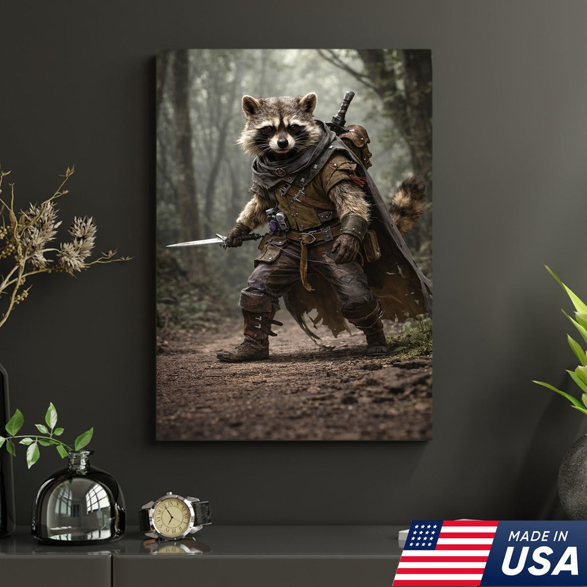 Epic Raccoon Warrior Wall Art Canvas Print, Fantasy Adventurer Animal Illustration