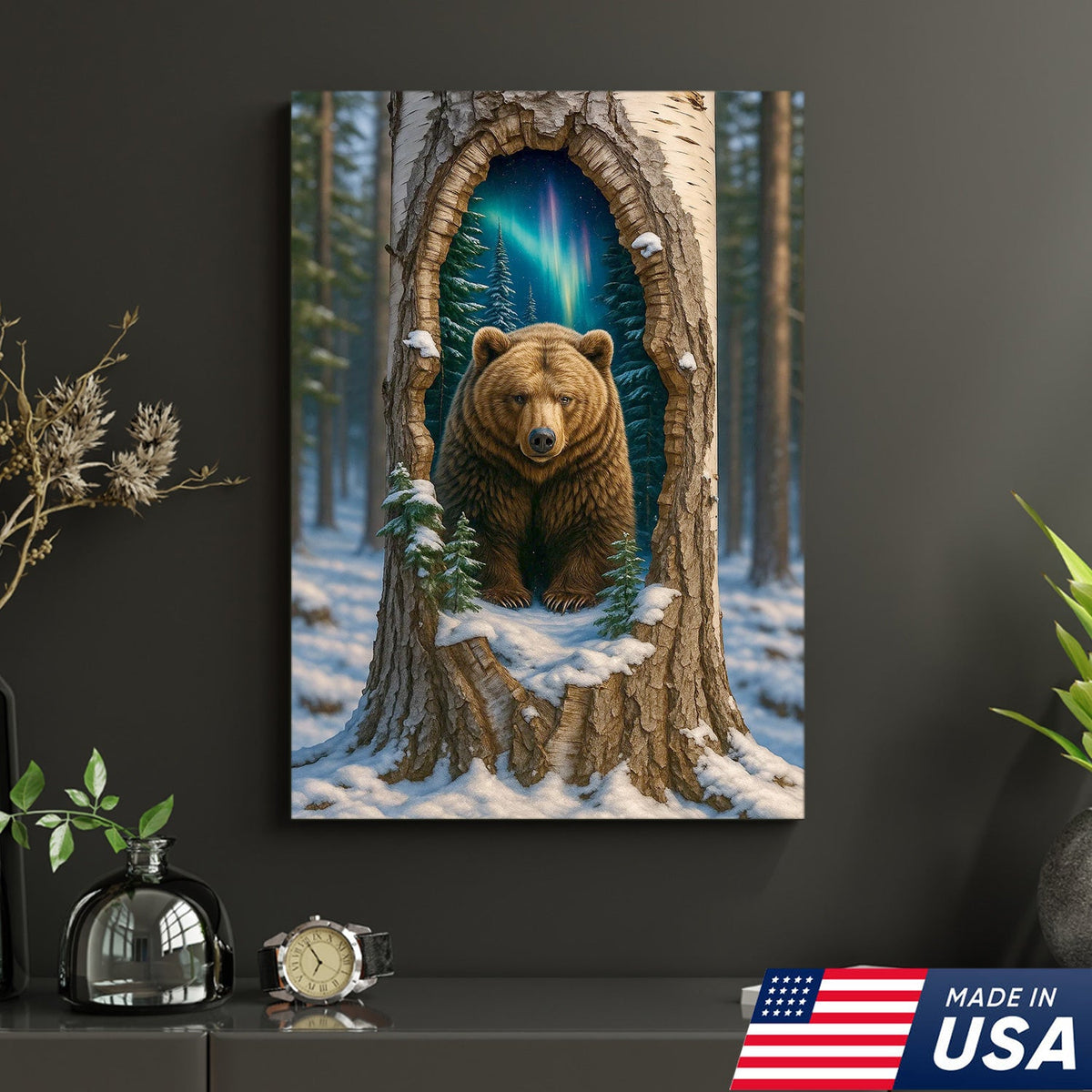 Aurora Borealis Bear in Hollow Tree Canvas Wall Art, Winter Forest Cabin Decor
